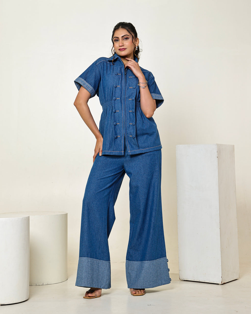 THE DARK DENIM ZIPPER SHIRT WITH WIDE LEG PANTS