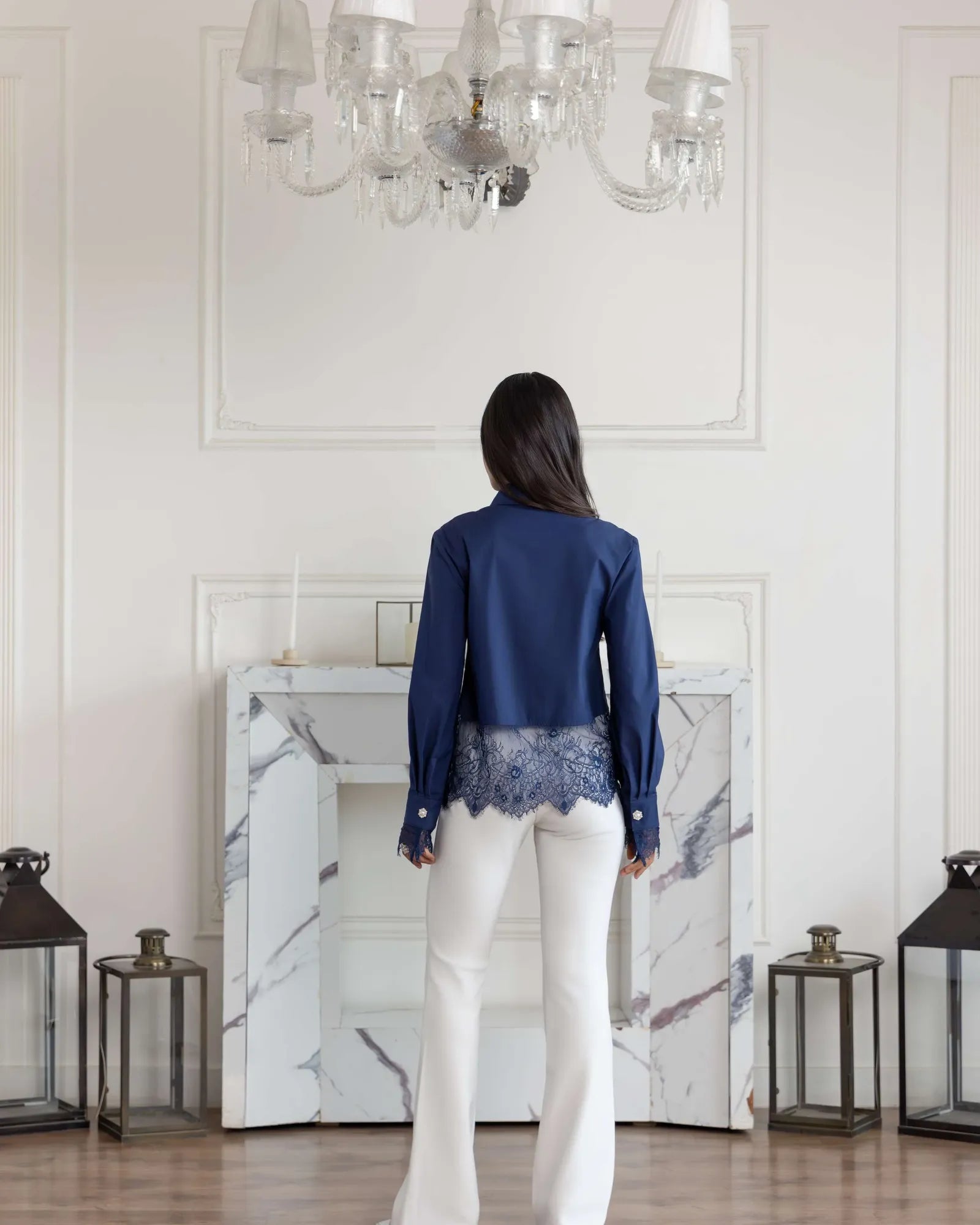 Aureal Blue French Lace Cotton Shirt