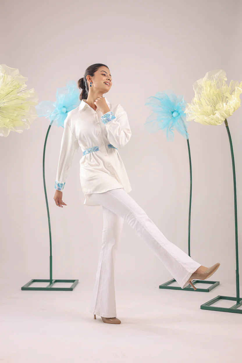 THE WHITE GATHERED CRAPE SHIRT WITH SKY BLUE EMBELLISHMENT