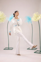 THE WHITE GATHERED CRAPE SHIRT WITH SKY BLUE EMBELLISHMENT