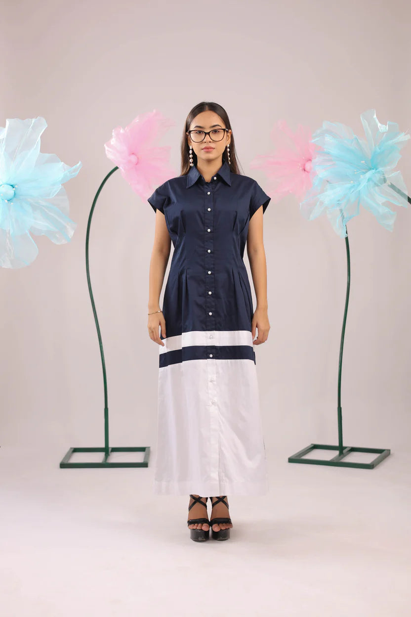 The navy and white colour block midi cotton dress