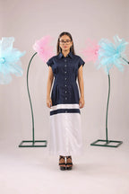 The navy and white colour block midi cotton dress