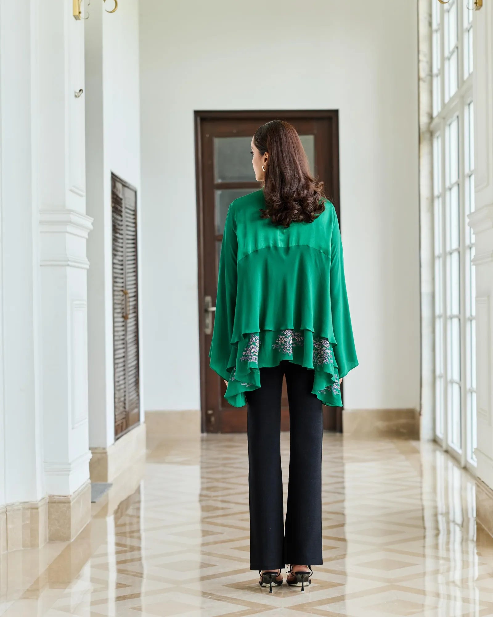 Emerald Oath Hand Embroidered French Lace Crepe Top