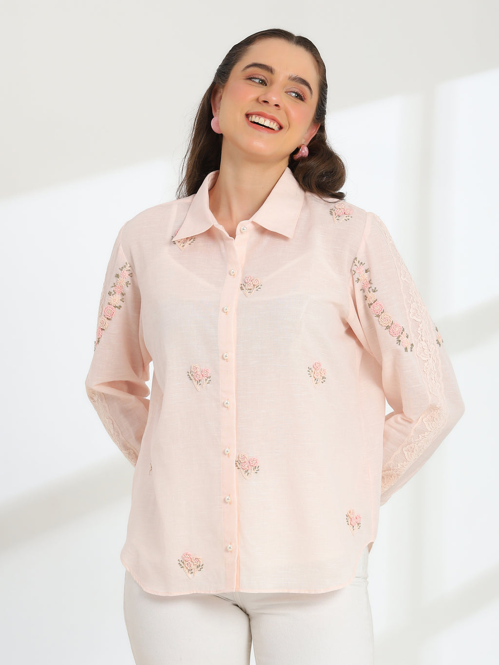 Spring Pink Hand Embroidered French lace Silk Cotton Shirt