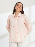 Spring Pink Hand Embroidered French lace Silk Cotton Shirt