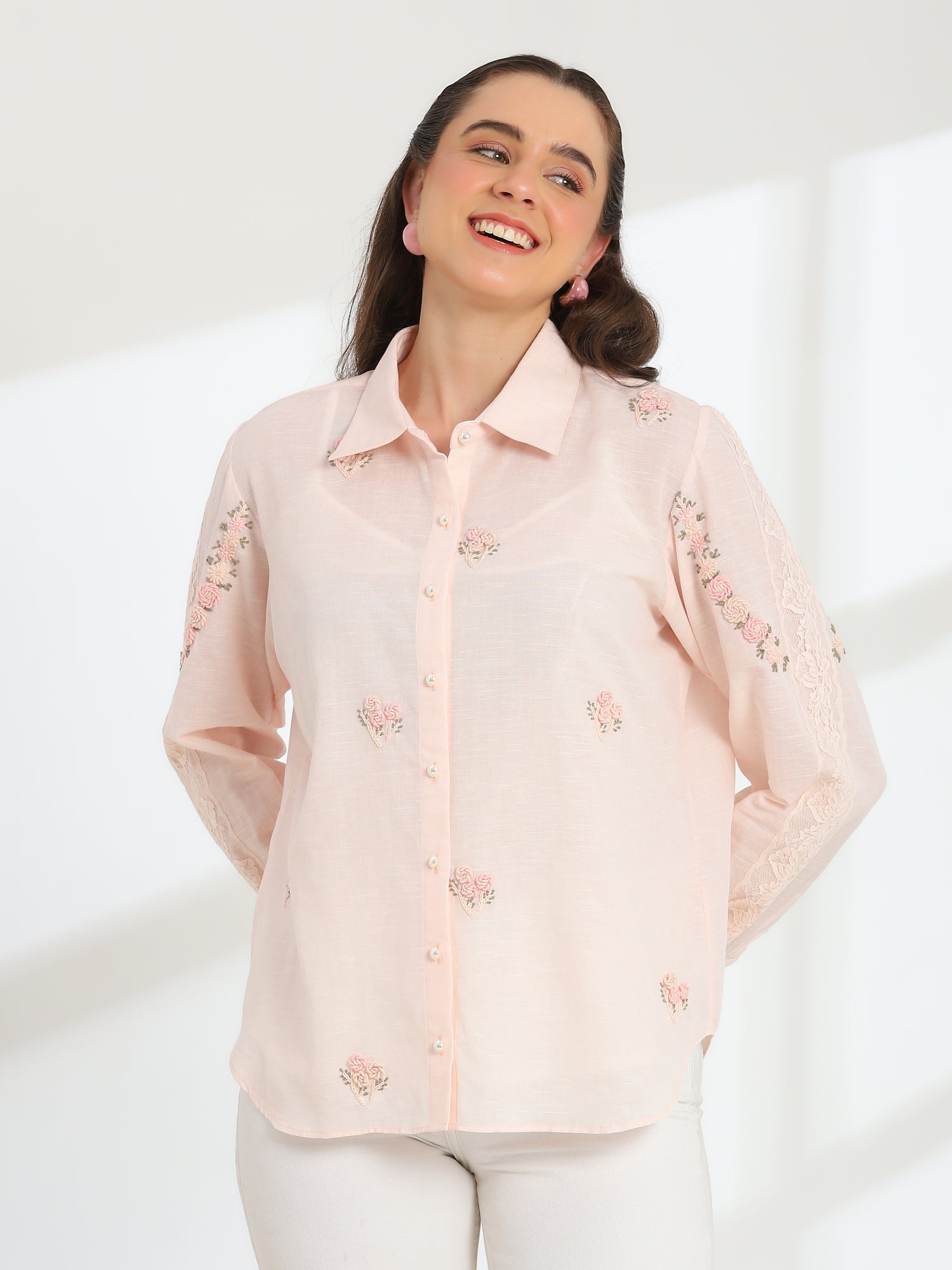 Spring Pink Hand Embroidered French lace Silk Cotton Shirt