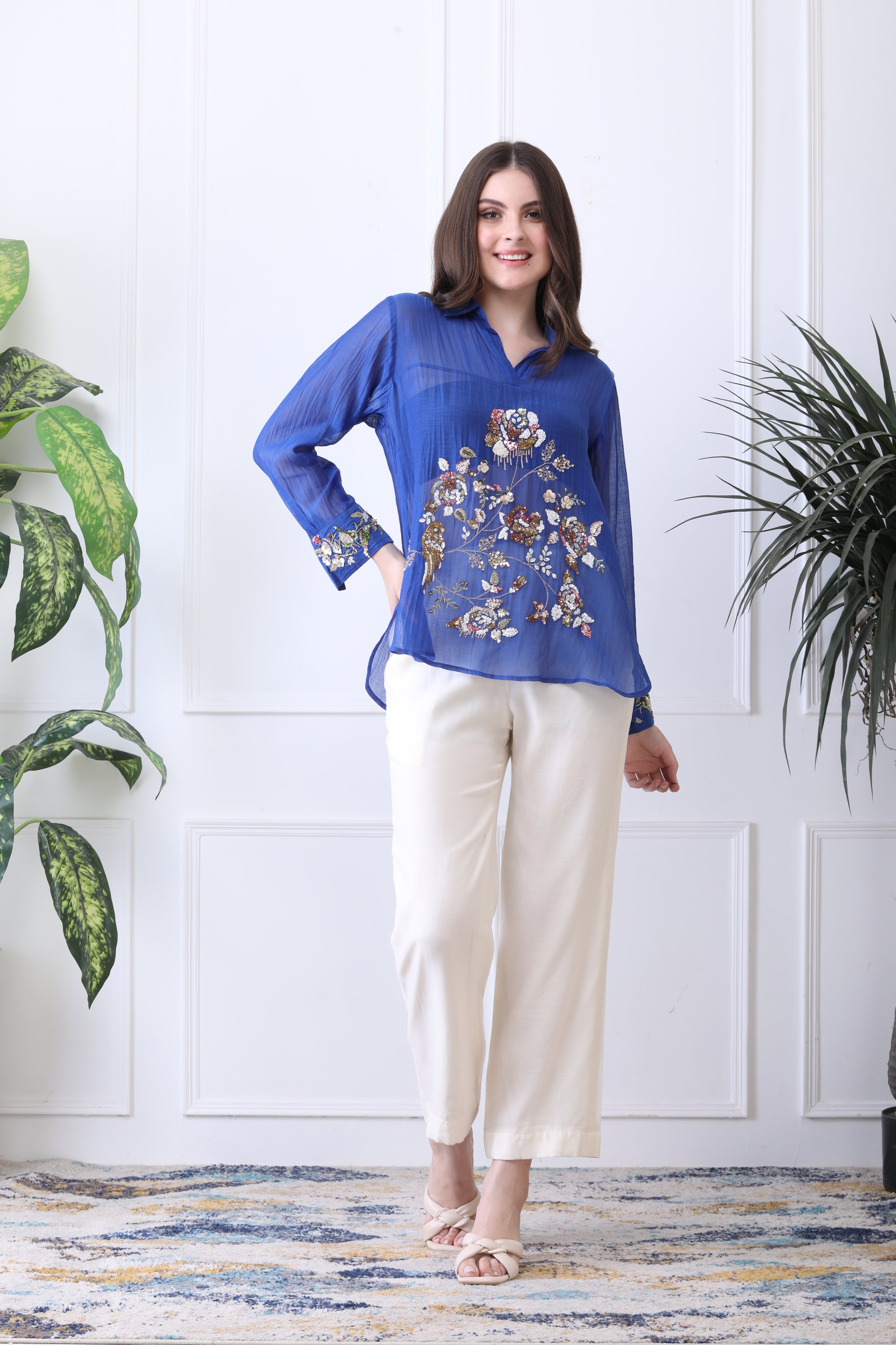 Conor Blue Embroidered Chanderi Top with Ivory Pants