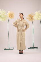 The brown beige midi cotton dress with pockets