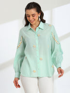 Spring Mint Hand Embroidered French lace Silk Cotton Shirt