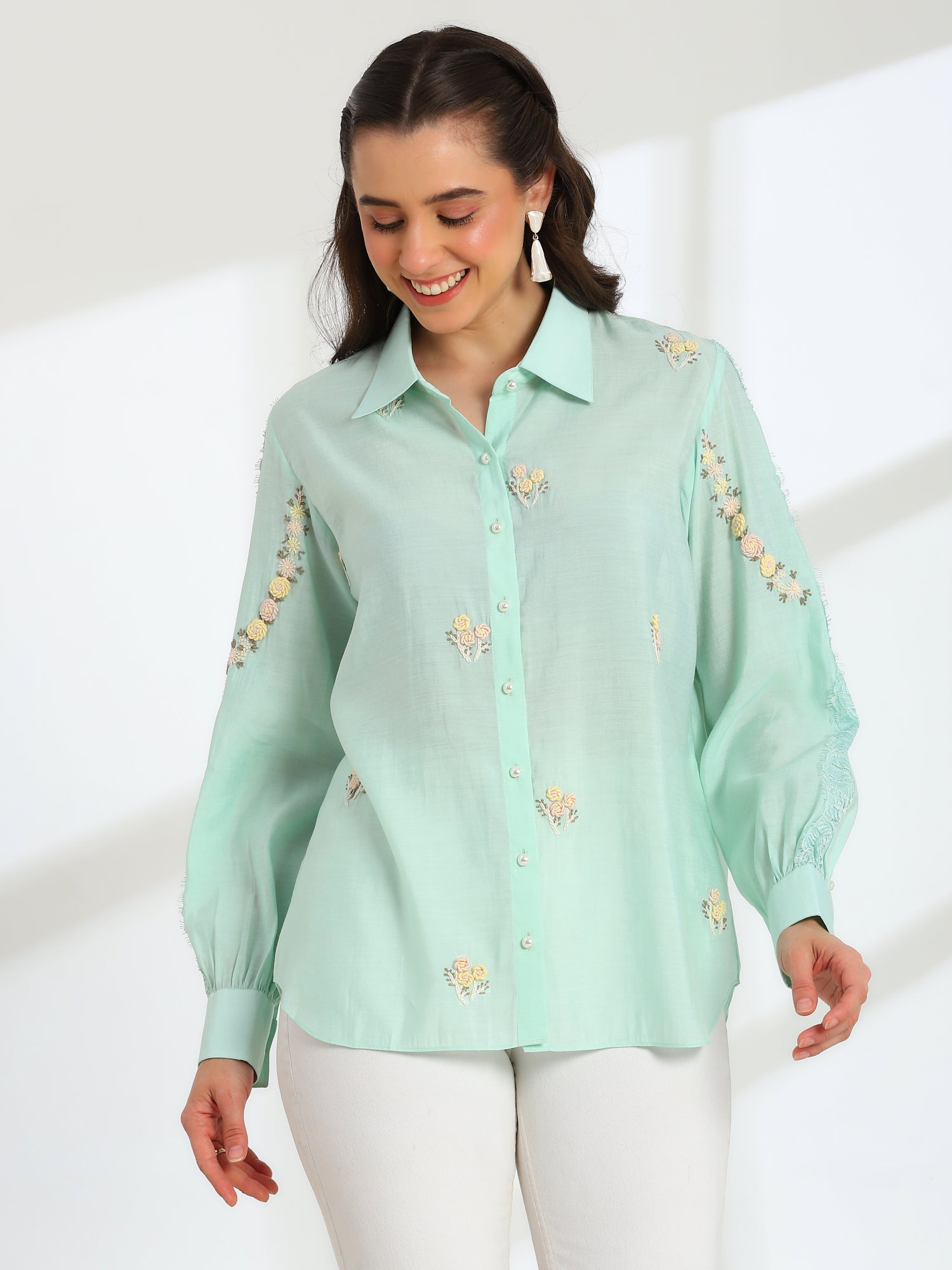 Spring Mint Hand Embroidered French lace Silk Cotton Shirt
