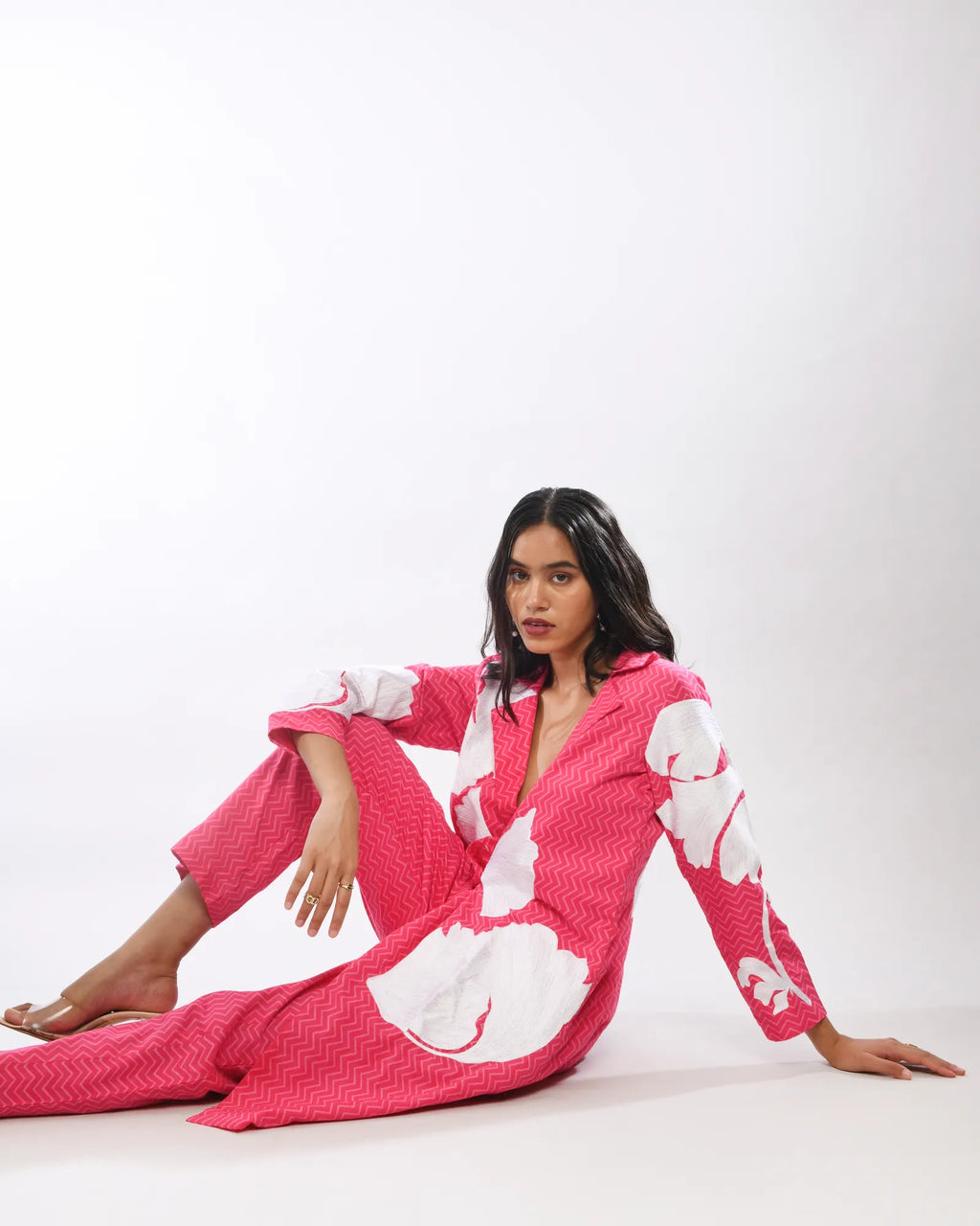 Pink Zigzag Printed  Embroidered Trench Coat And Pant Set