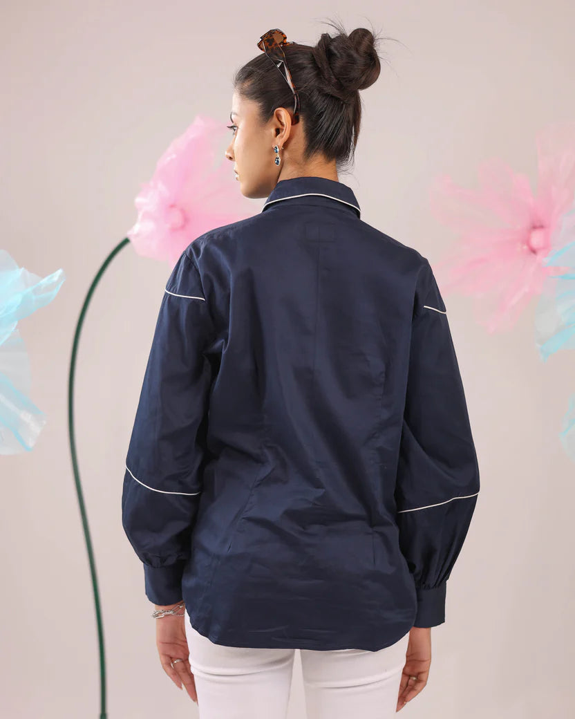 THE NAVY BLUE COTTON SHIRT WITH 3D YELLOW EMBELLISHED FLOWERS - BeyondStiches