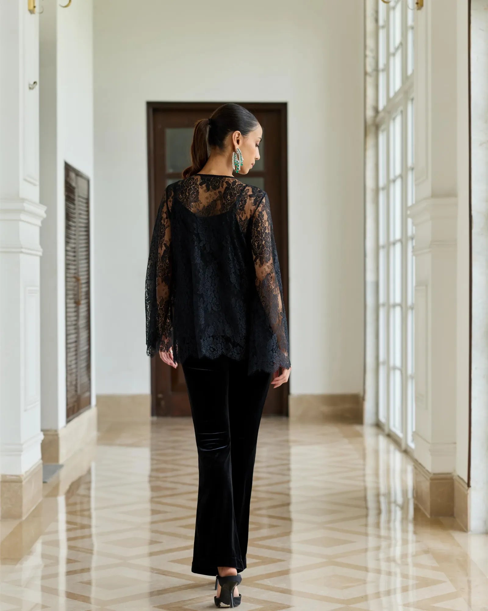 Scepter Classic Black French Chantilly Lace Beaded Embroidery Top
