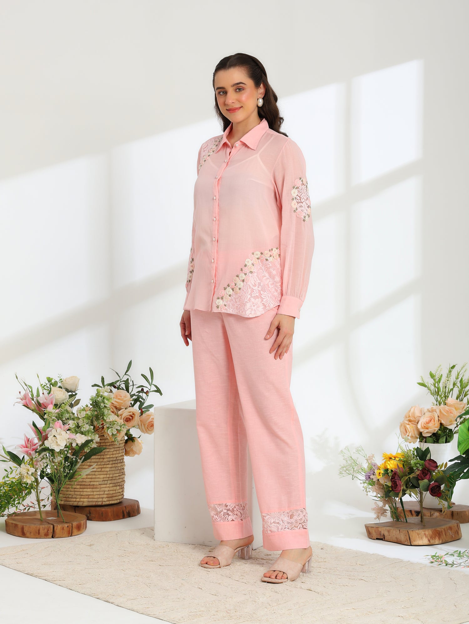 Pink Rose Garden Hand Embroidered French lace Mul Linen Co-ord Set