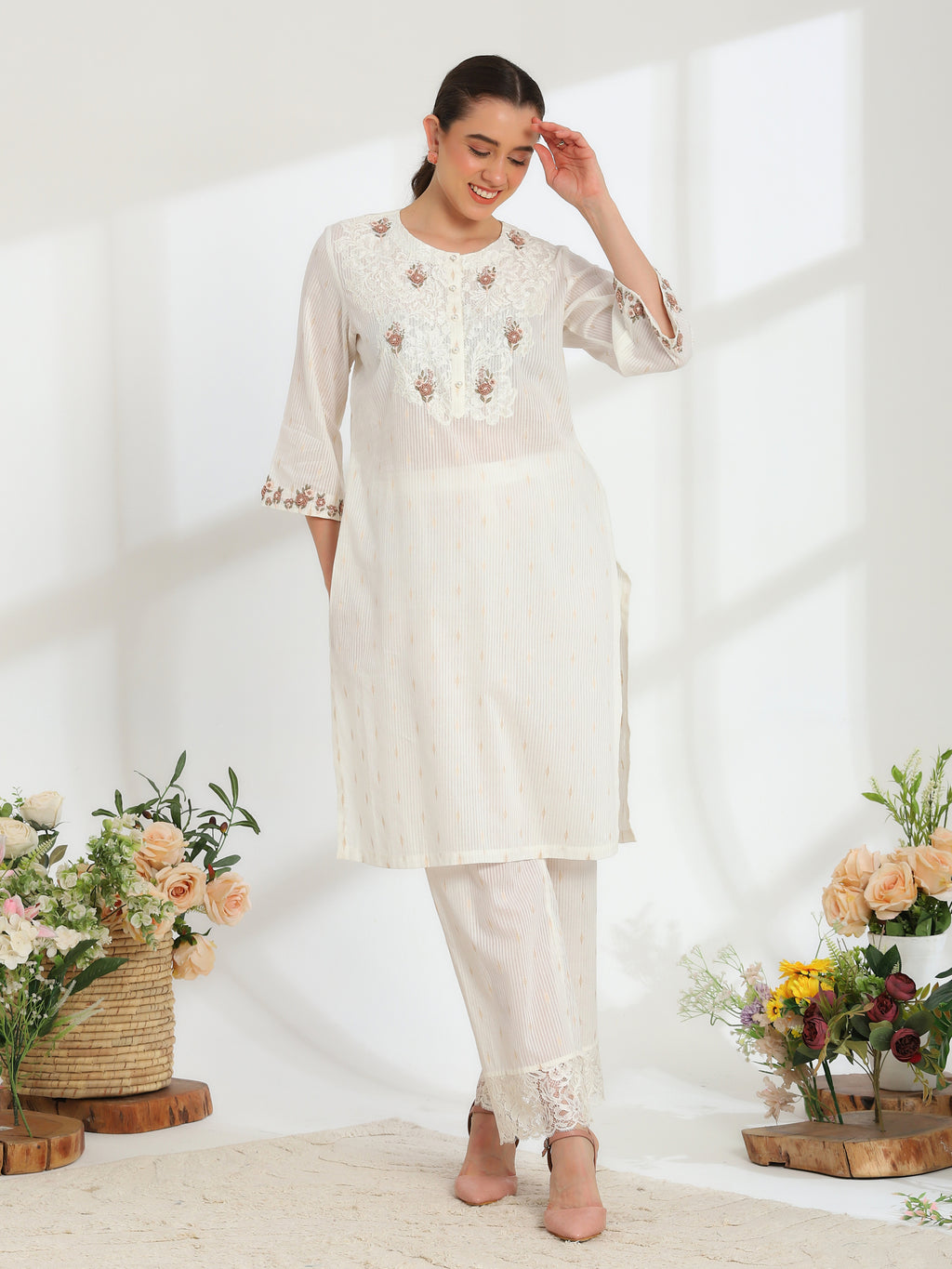 Lumiere Ivory Hand Embroidered French lace cotton dobby Kurta set
