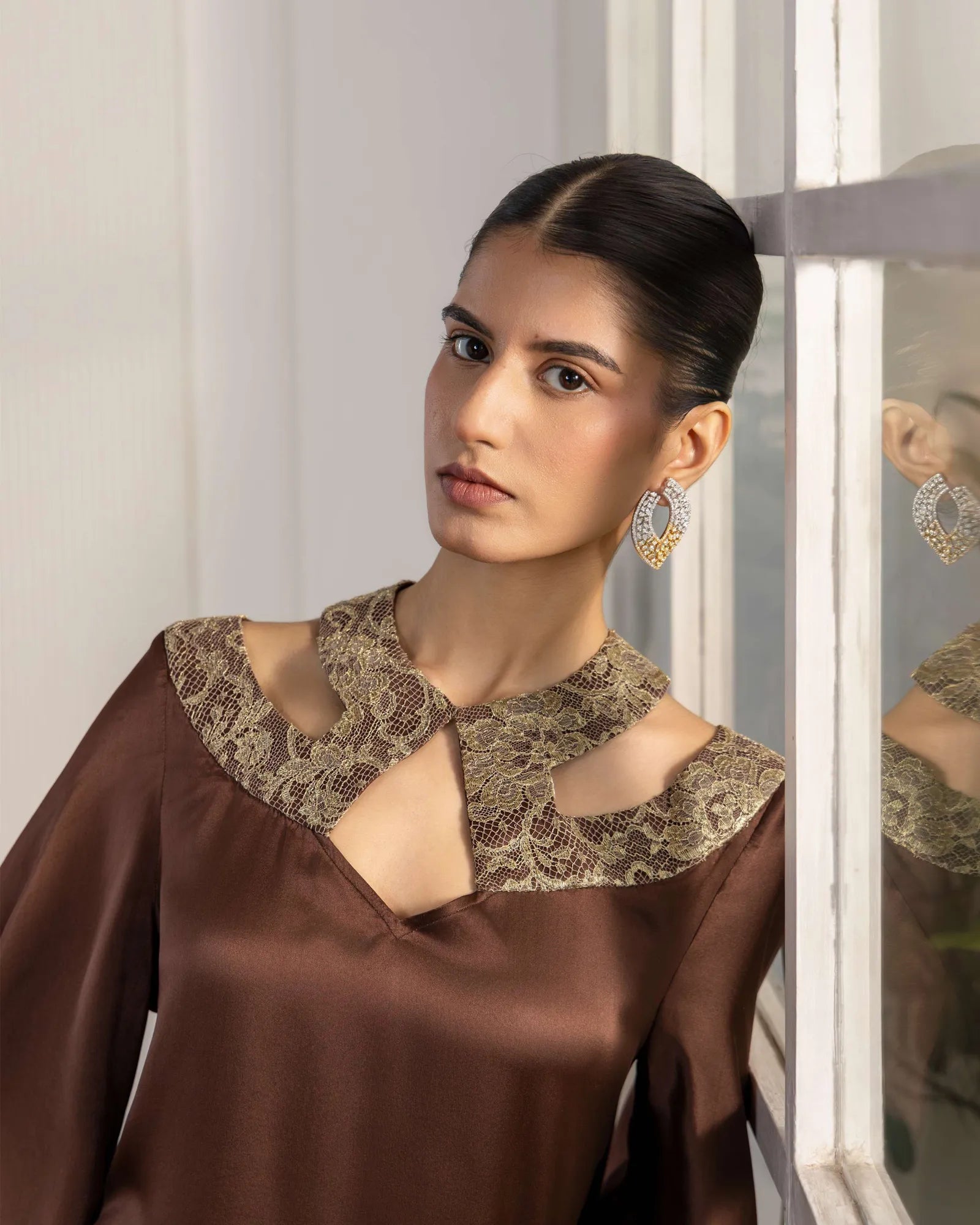 Mocha Whisper Metallic French Lace Satin Top