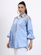 Blue poplin and white chikan embroidered shirt