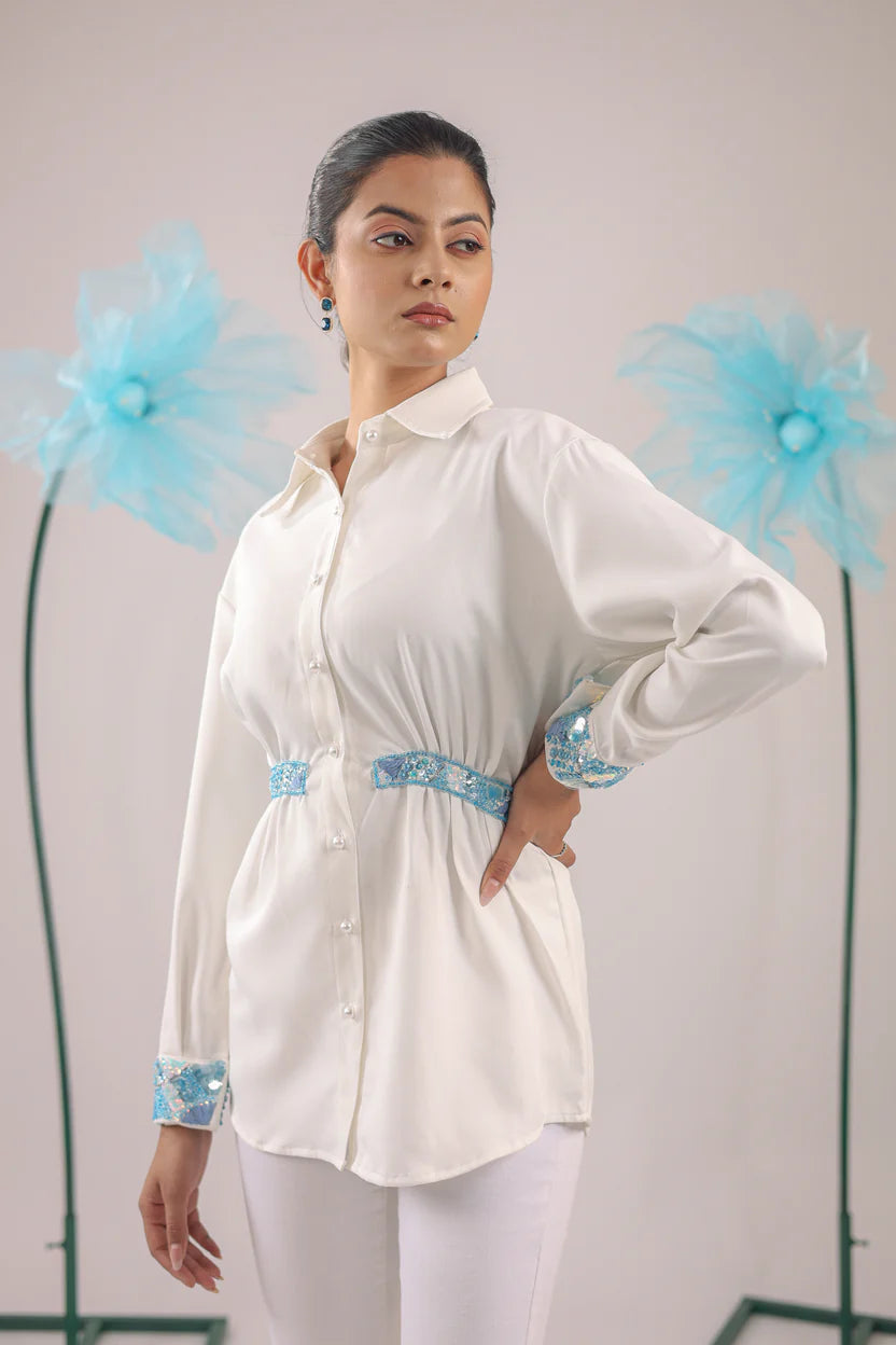 THE WHITE GATHERED CRAPE SHIRT WITH SKY BLUE EMBELLISHMENT