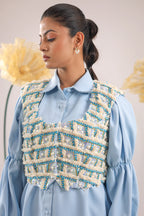 THE SKY BLUE EMBELLISHED JACKET WITH BALLOON SLEEVES CRAPE SHIRT