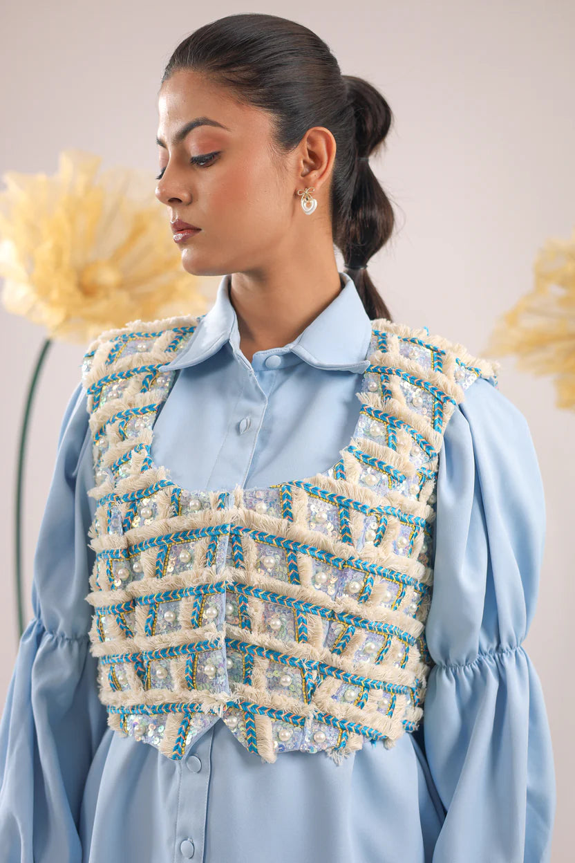 THE SKY BLUE EMBELLISHED JACKET WITH BALLOON SLEEVES CRAPE SHIRT