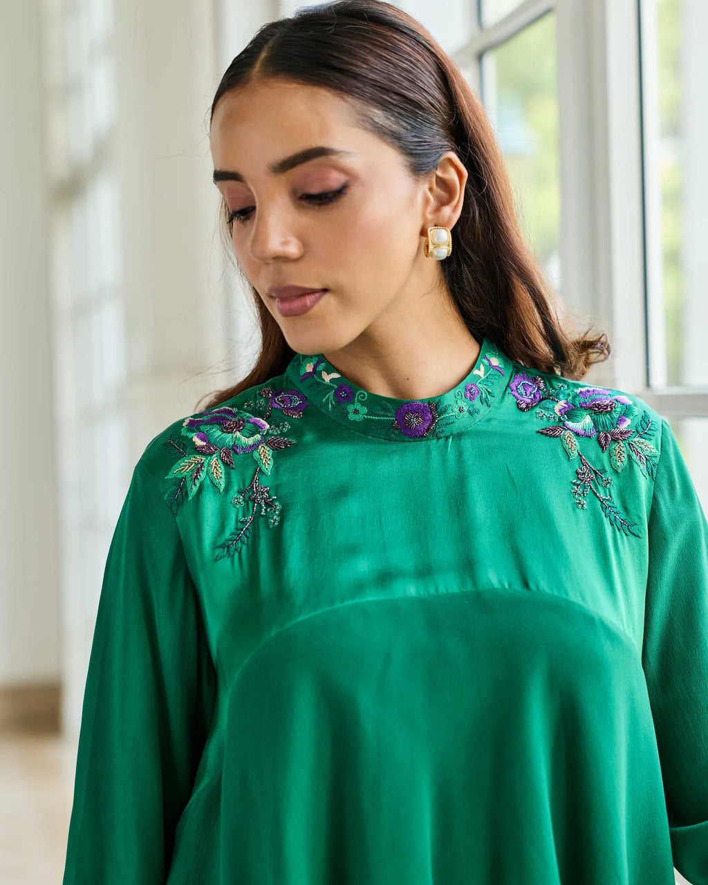 Emerald Oath Hand Embroidered French Lace Crepe Top - Dareiss