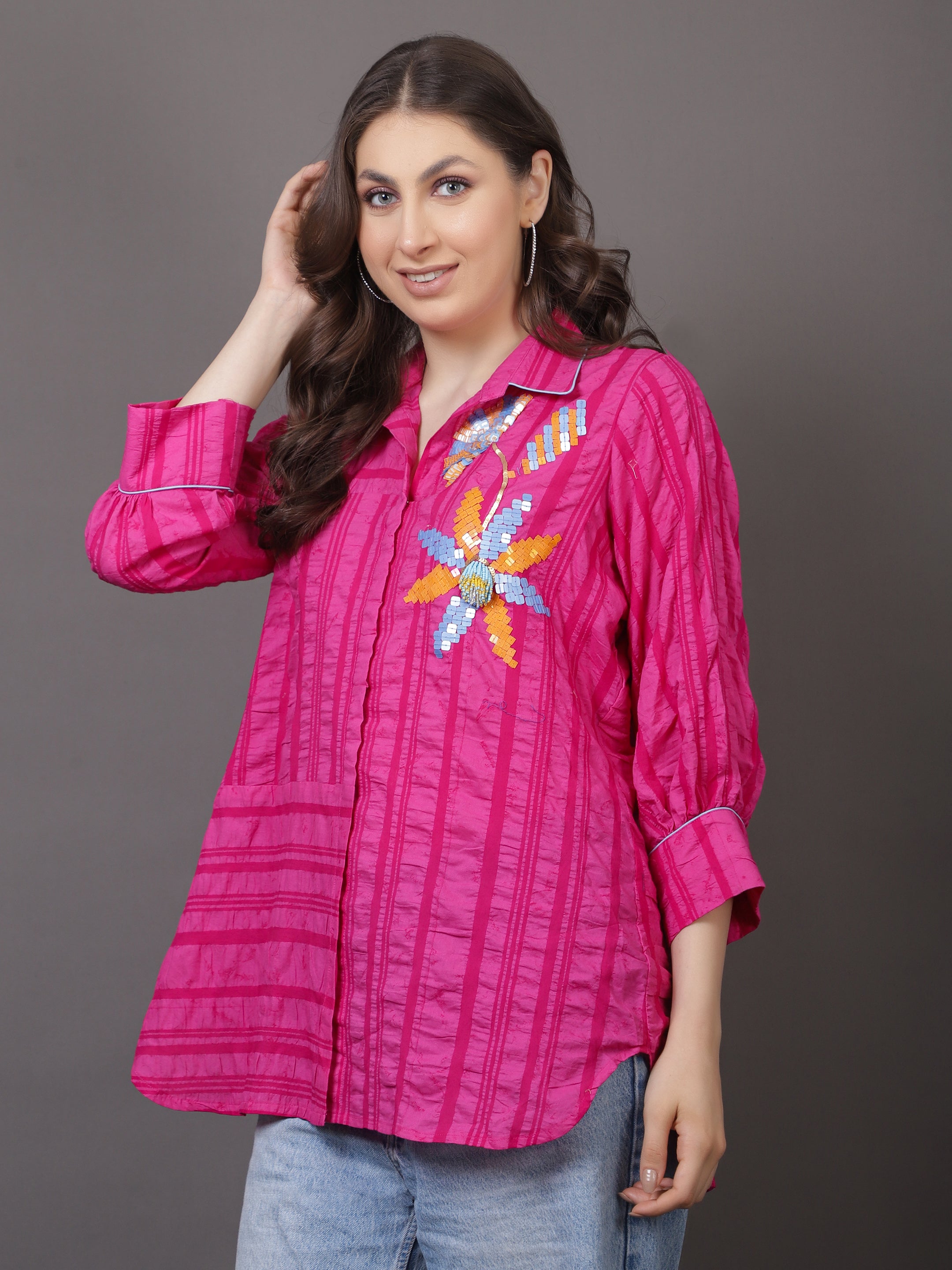 Pink Crushed Embroidered Shirt