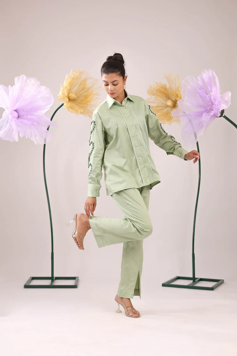 THE MINT GREEN HEART SLEEVE EMBELLISHED COTTON SHIRT WITH WIDE PLACKET - BeyondStiches