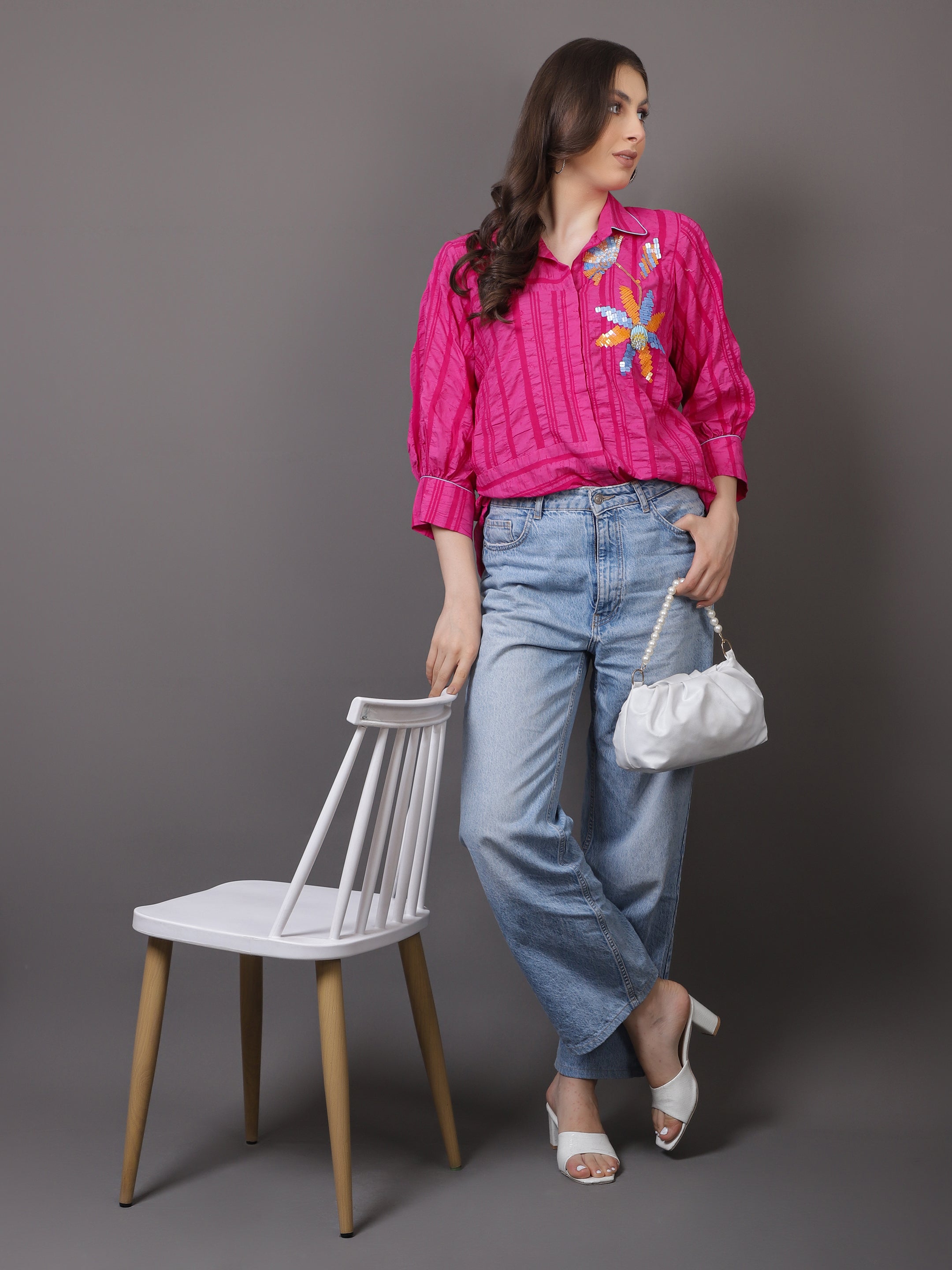 Pink Crushed Embroidered Shirt - Gagan Vohra
