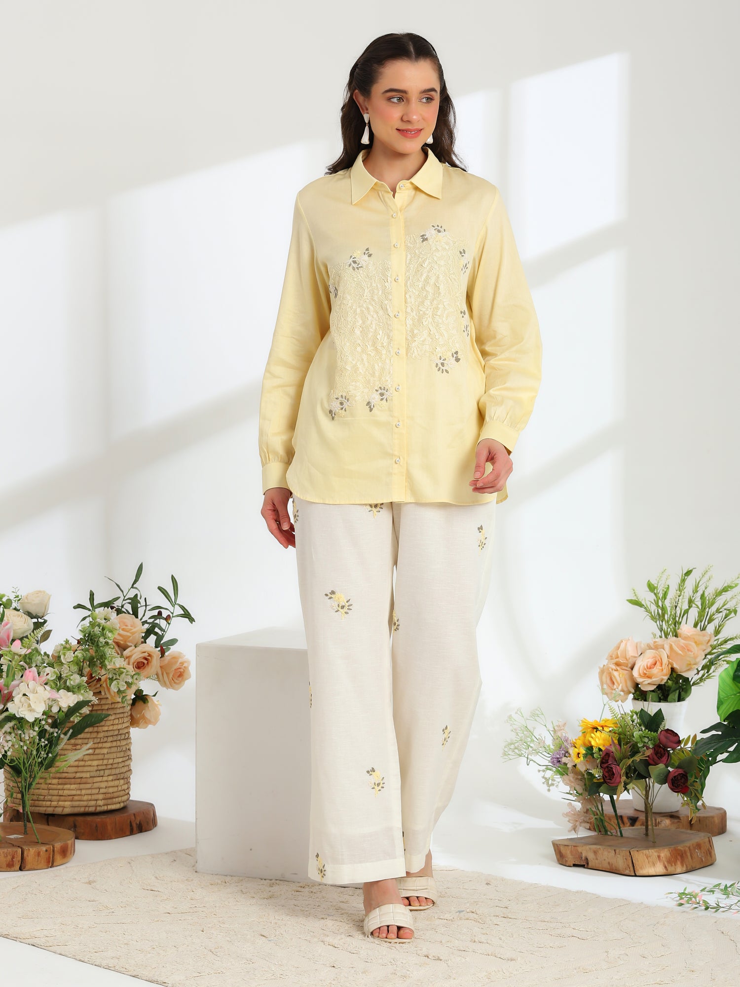 Butter Bloom yellow Hand Embroidered French lace Linen Cotton co-ord set