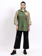 Olive and Beige color block embroidered shirt