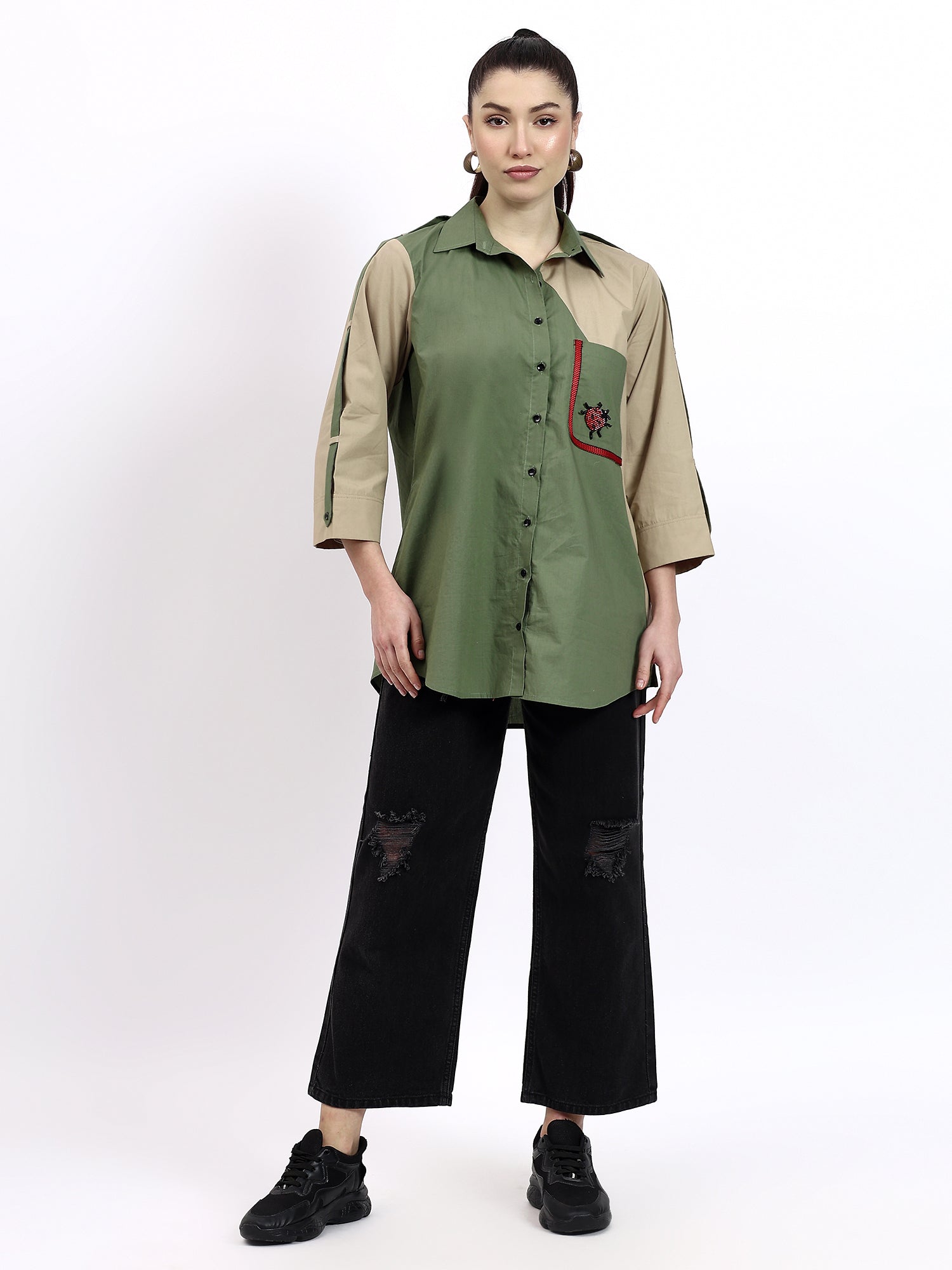 Olive and Beige color block embroidered shirt