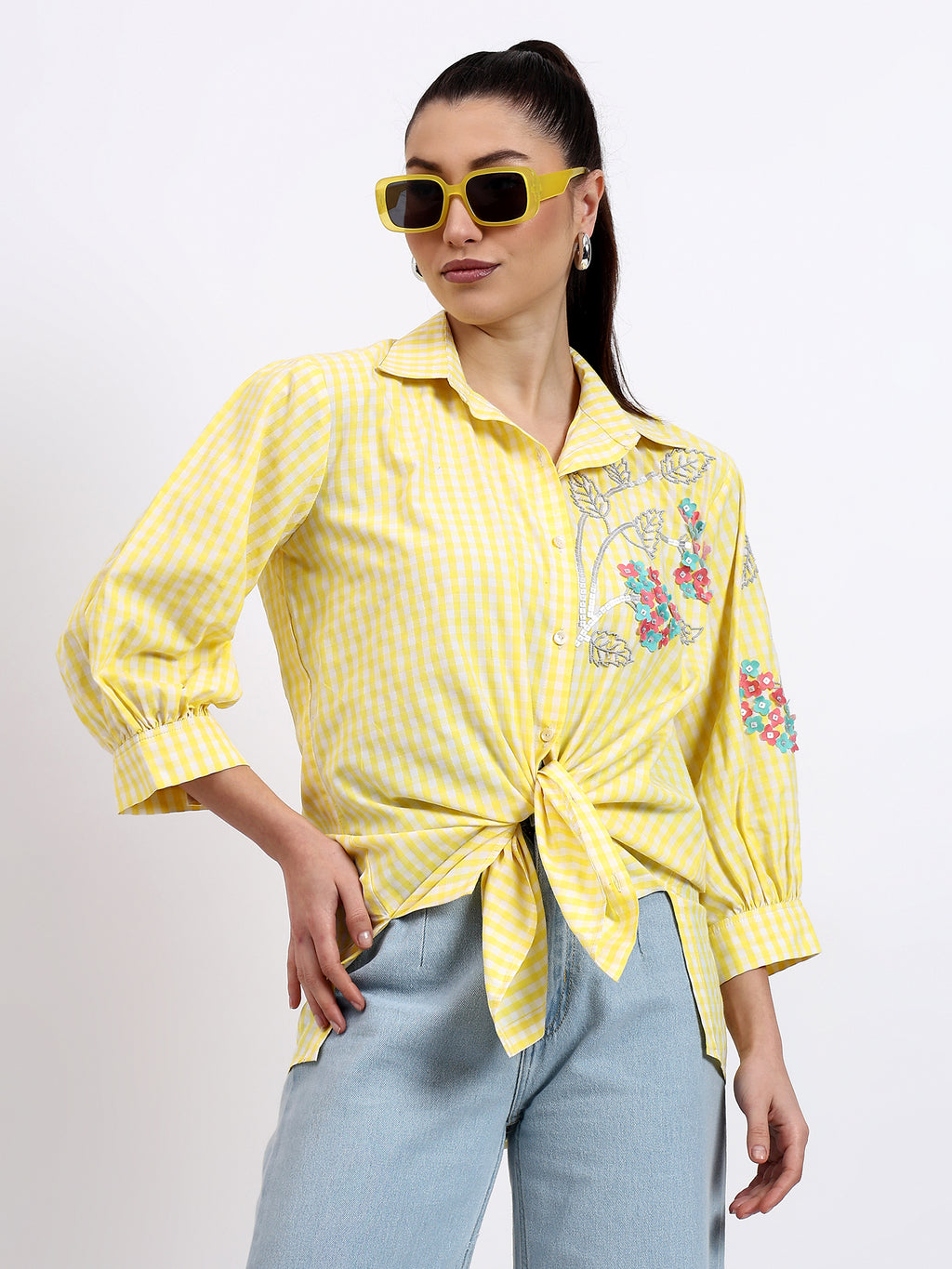 Yellow check Embroidered Shirt