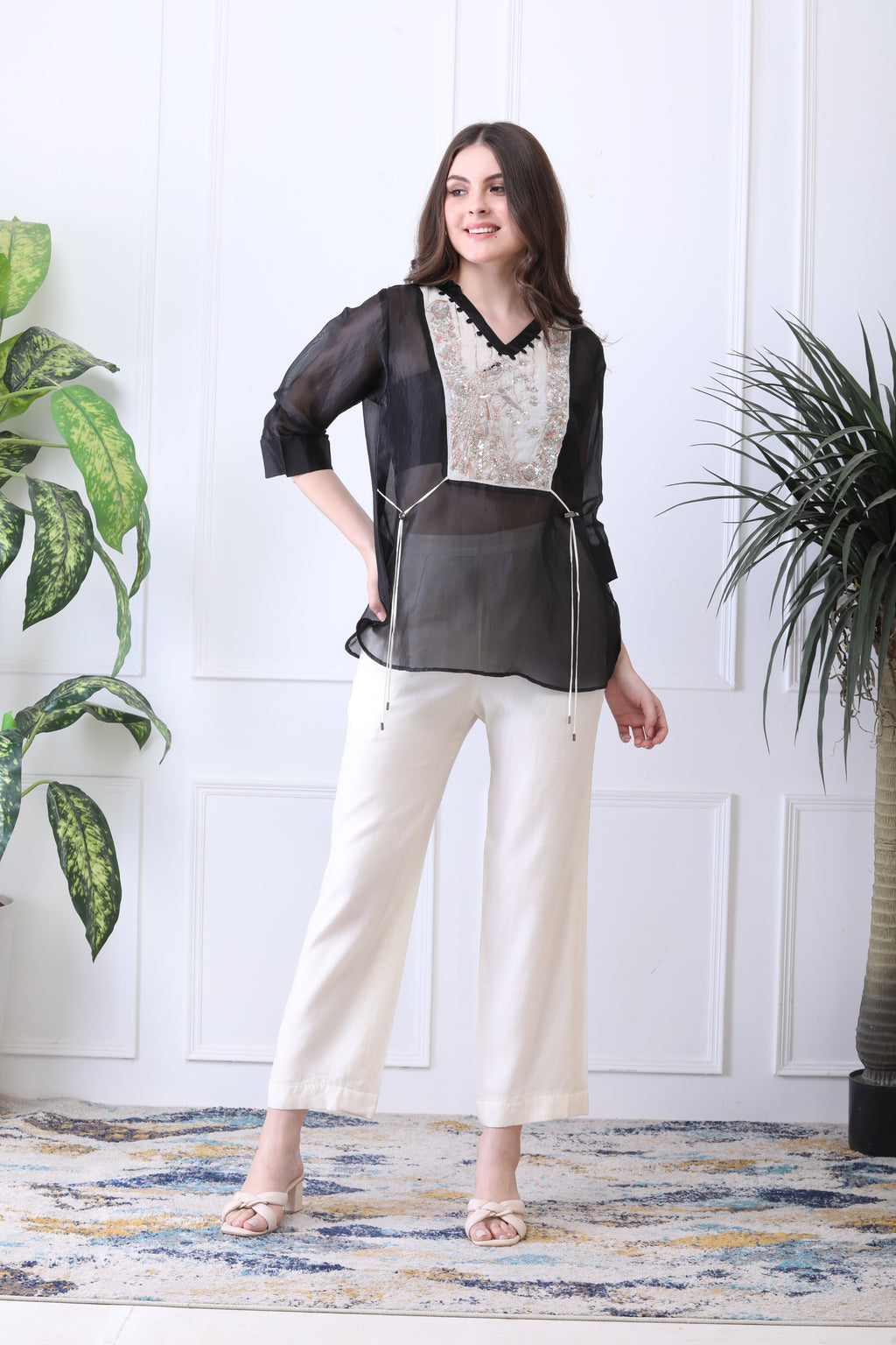Stuart Black  Embroidered Chanderi Top with Ivory Pants