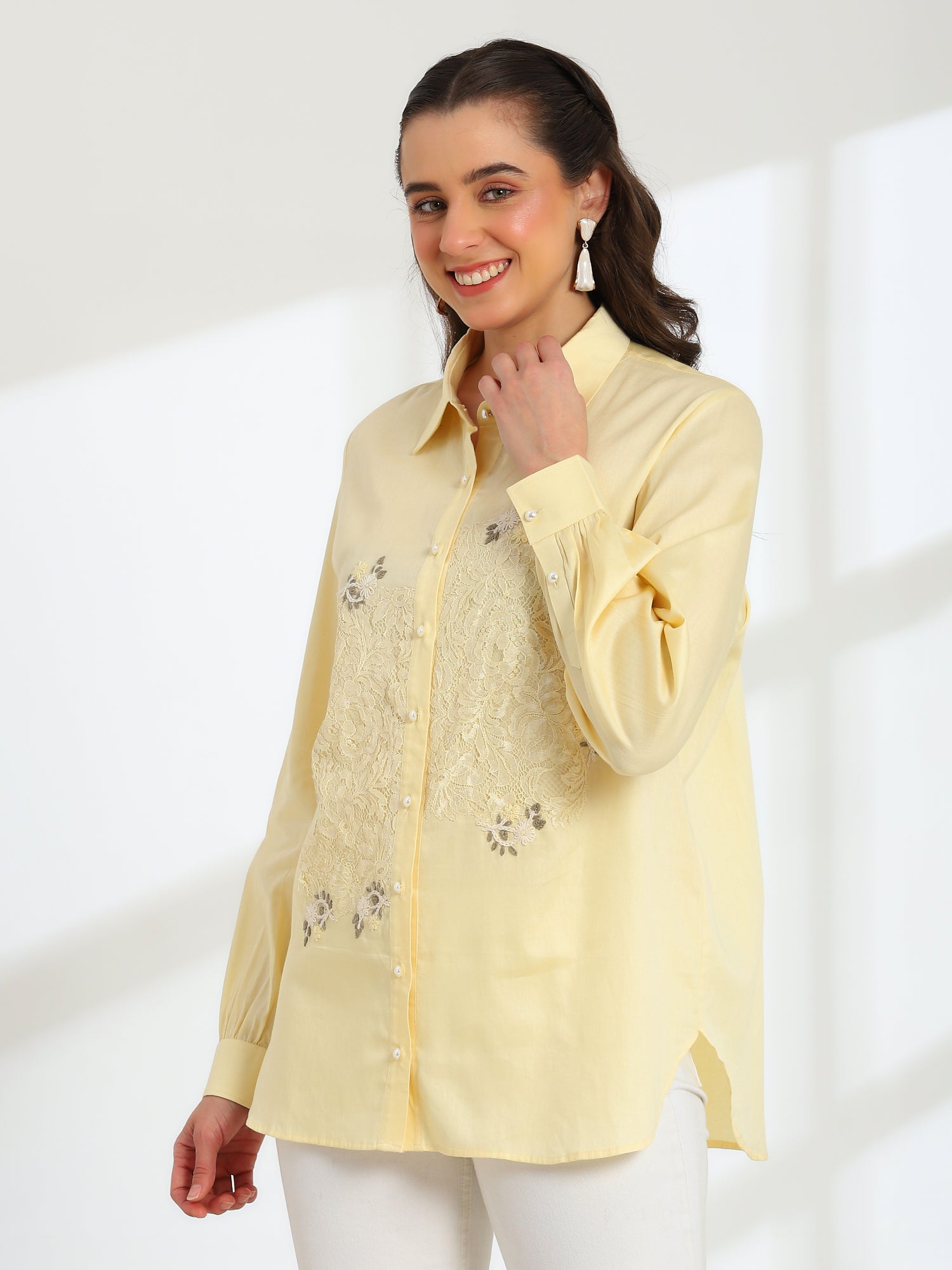 Butter Bloom Yellow Hand Embroidered French lace Cotton Shirt