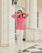 Fuchsia Duchess Pink Hand Embellished French Lace Habotai Silk Shirt