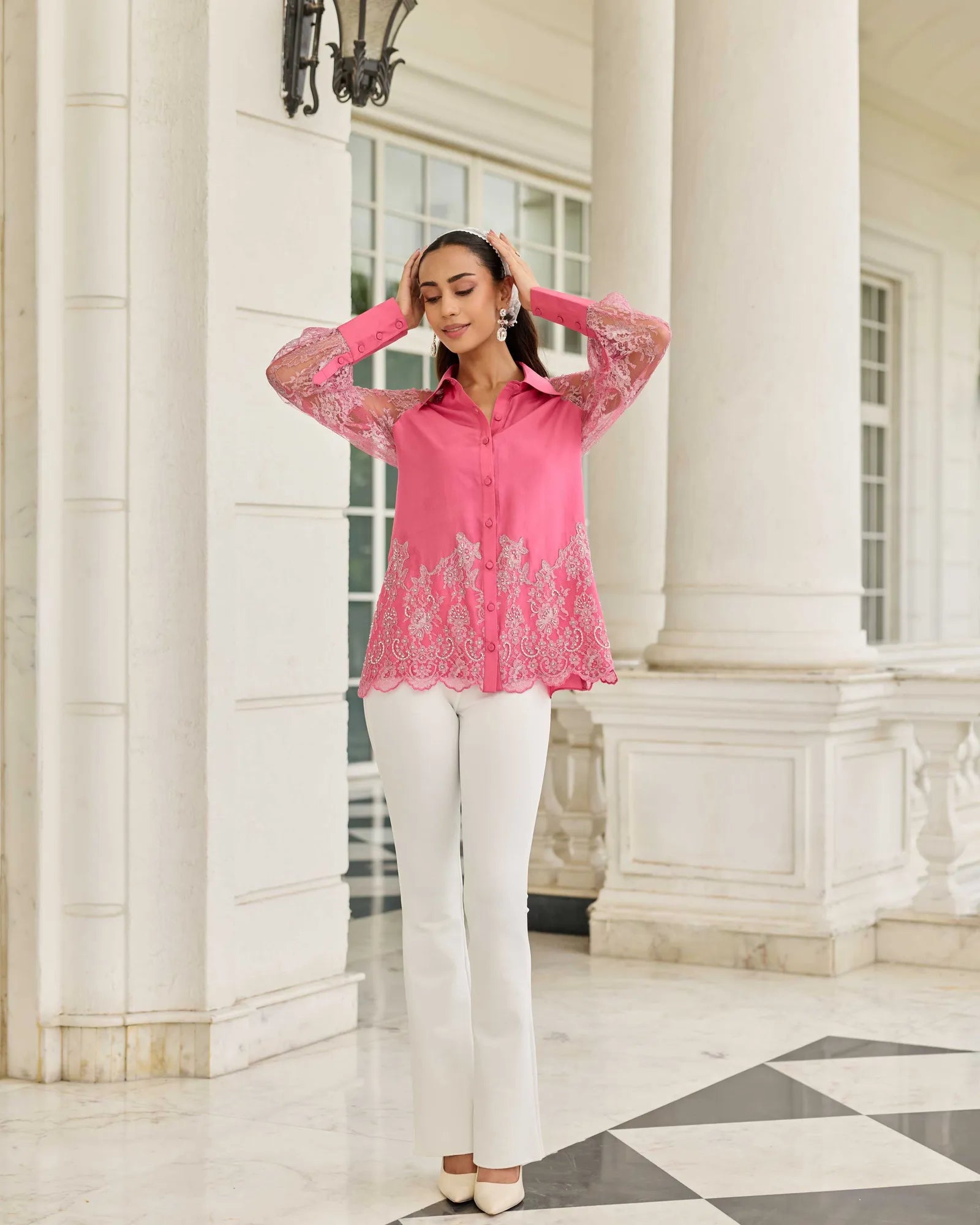 Fuchsia Duchess Pink Hand Embellished French Lace Habotai Silk Shirt