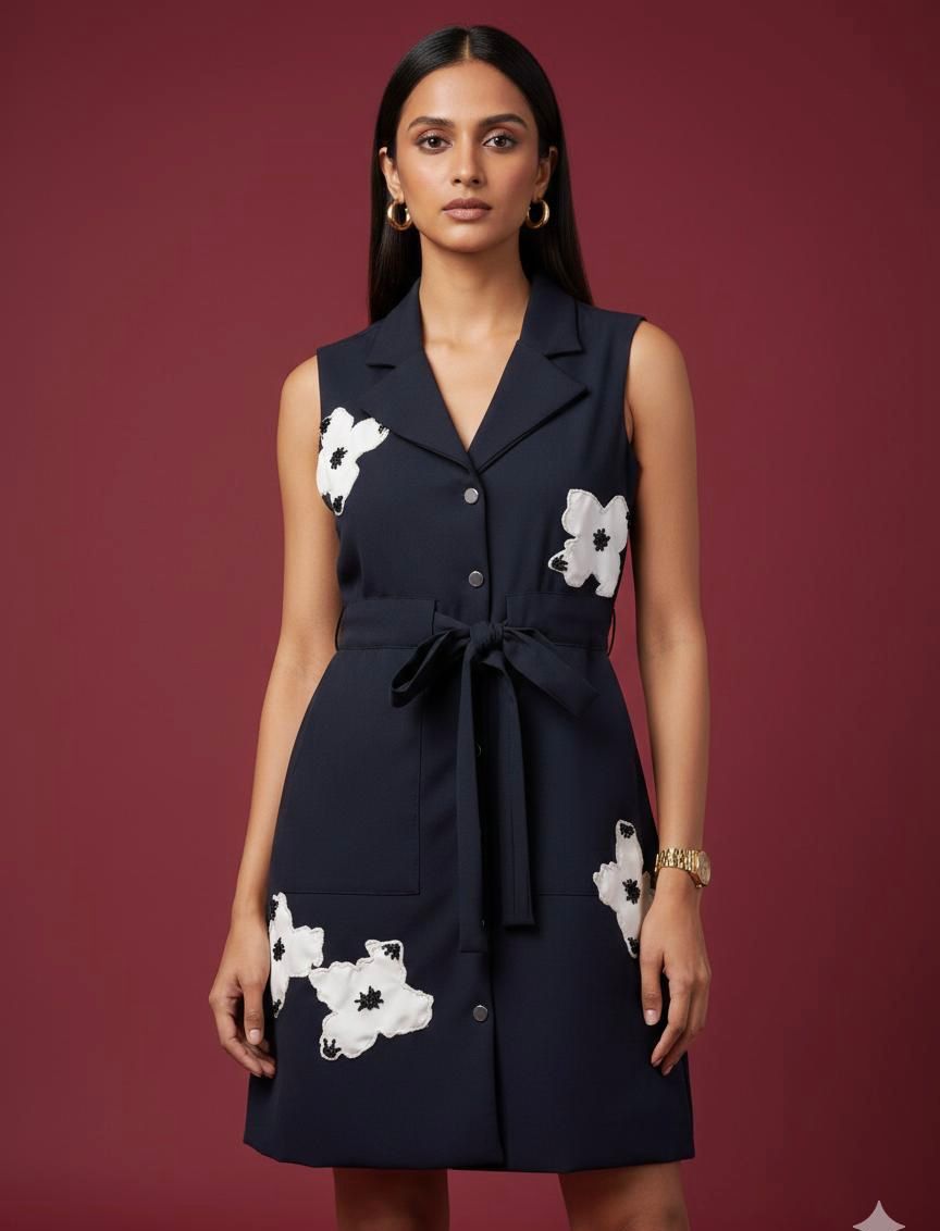 Black Sleeveless Leather Patch Dress