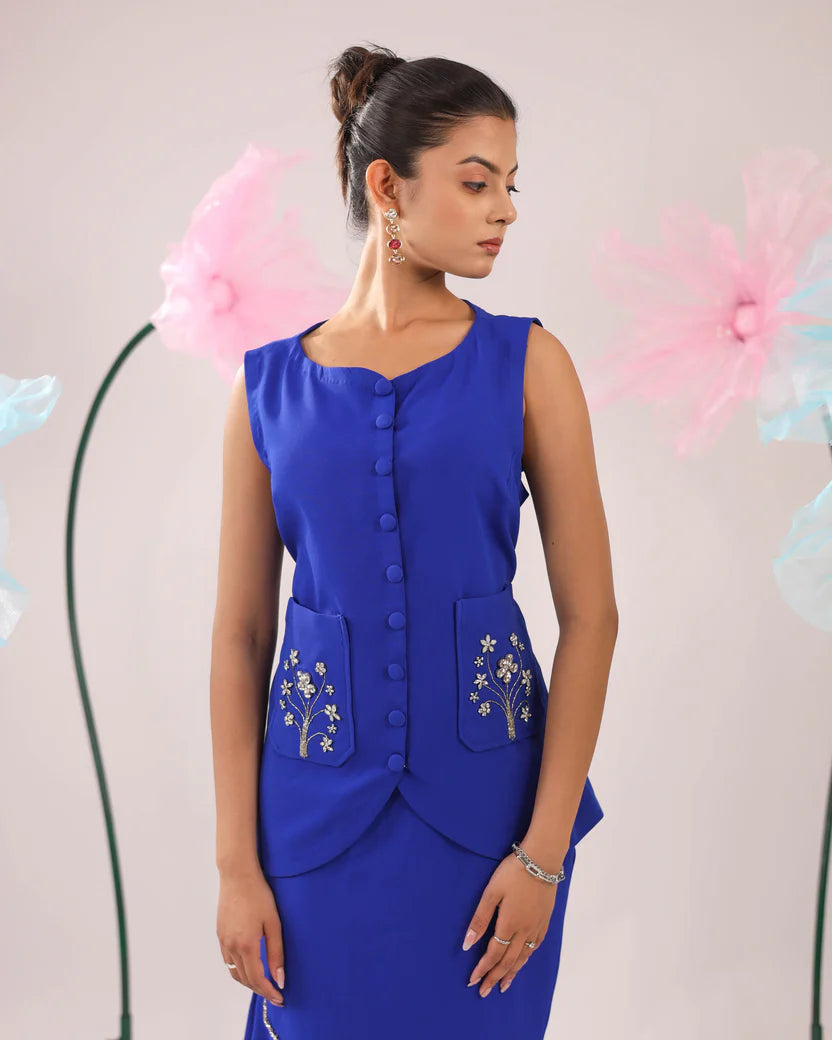 The royal blue floral stone embellished vest with asymmetrical skirt set