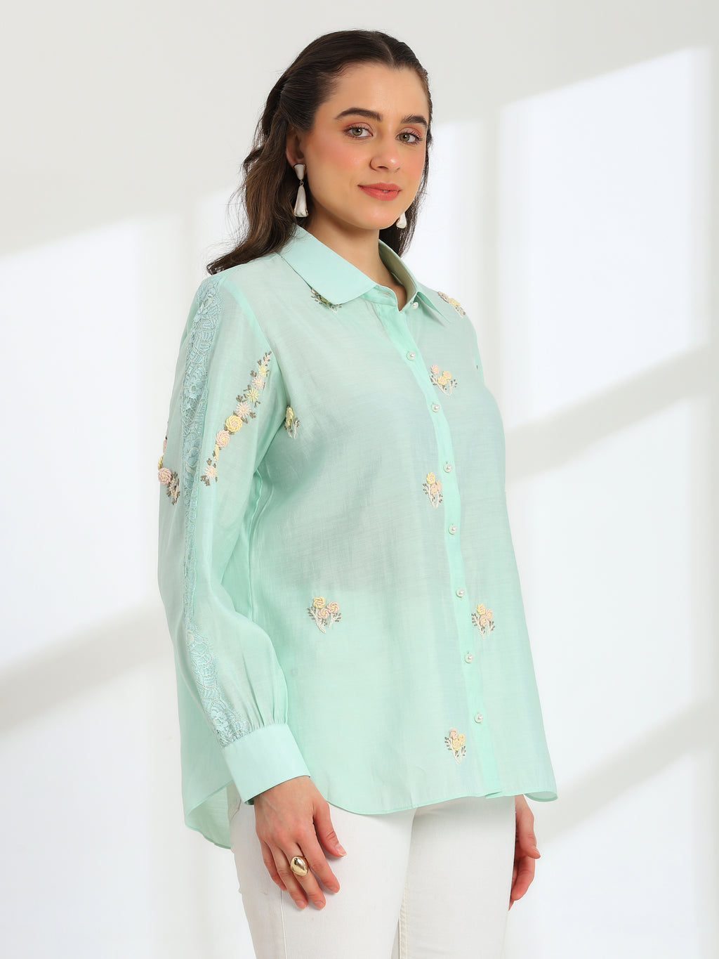 Spring Mint Hand Embroidered French lace Silk Cotton Shirt