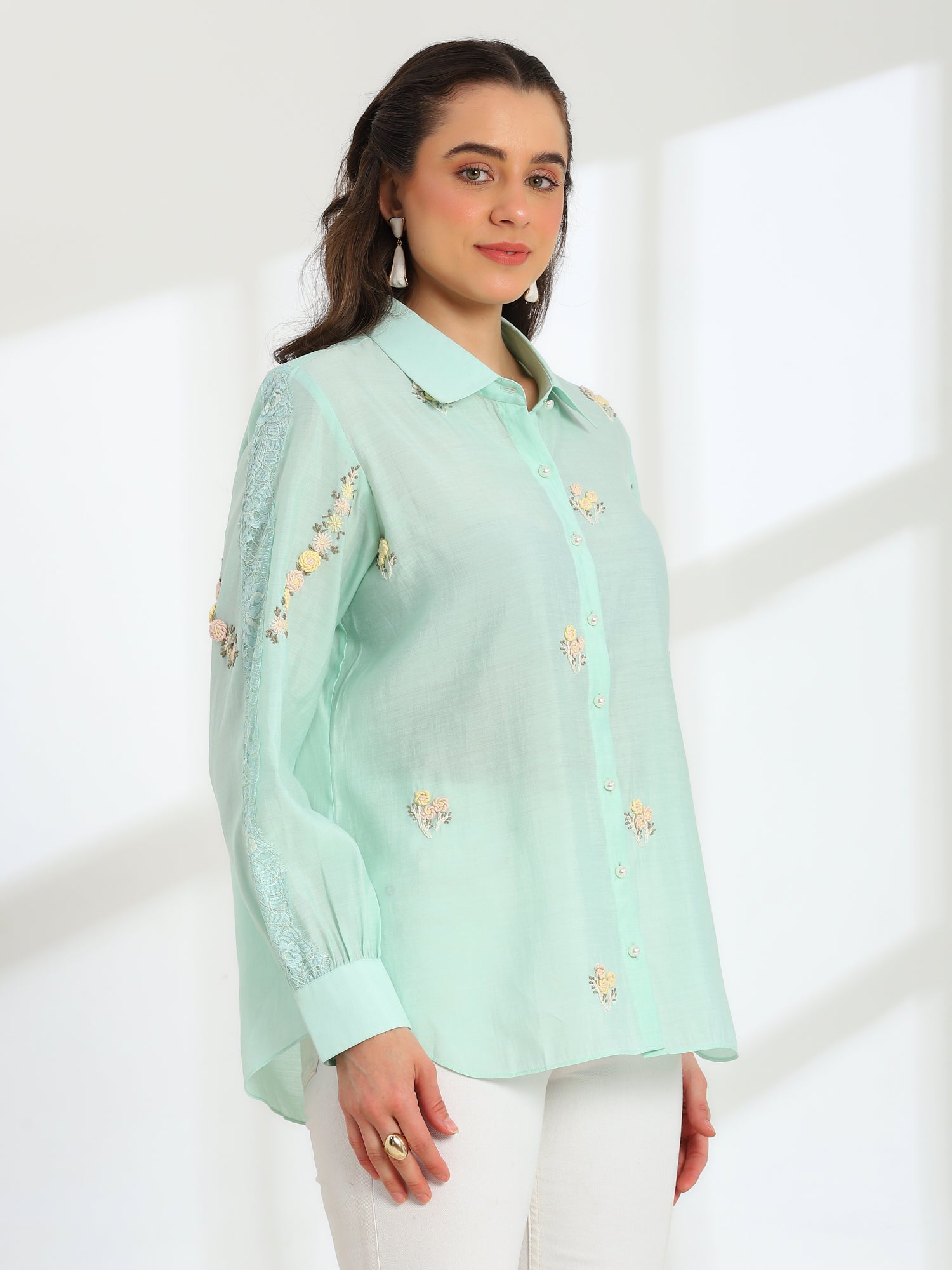 Spring Mint Hand Embroidered French lace Silk Cotton Shirt