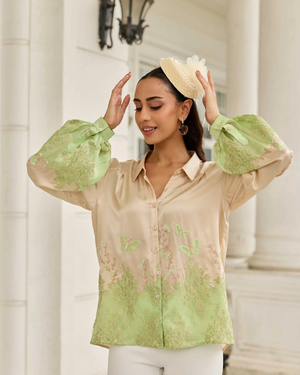 Ember Stone-Sage Hand Embroidered French Lace Satin Silk Shirt - Dareiss