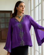 Elaria Purple Hand Embroidered French Lace Twill Silk Shirt