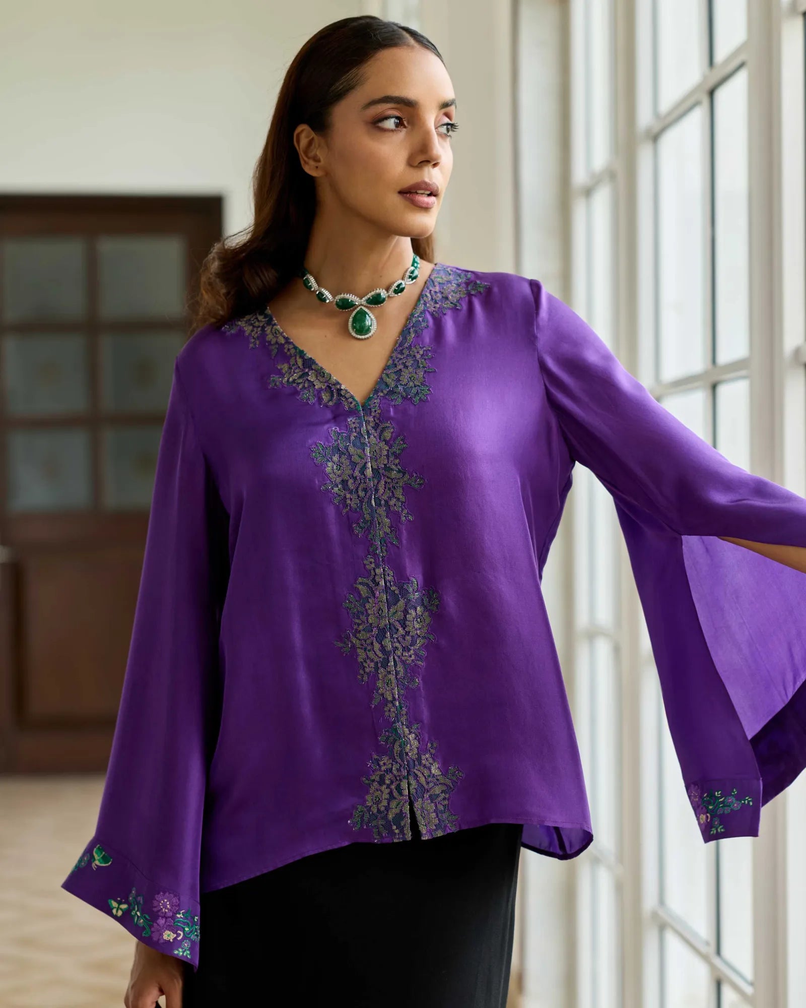 Elaria Purple Hand Embroidered French Lace Twill Silk Shirt