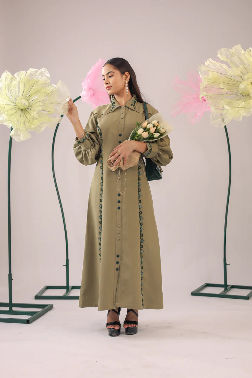 The olive green embellished A-line midi dress