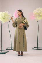 The olive green embellished A-line midi dress