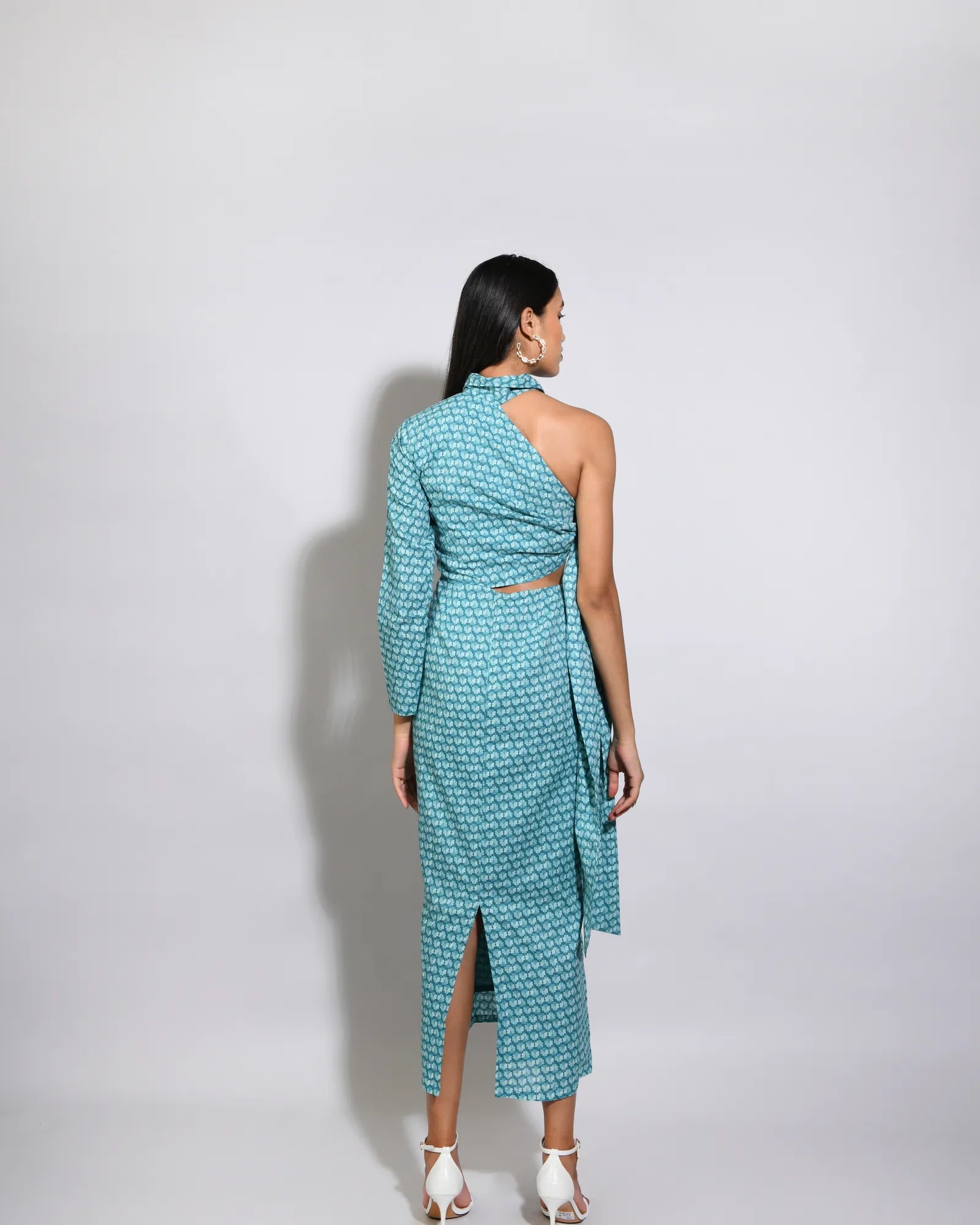 Aqua Floral Printed One Shoulder Dress - Itara
