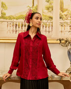 Amulet Cherry Red French Lace Panel Hand Embellished Twill Silk Shirt - Dareiss