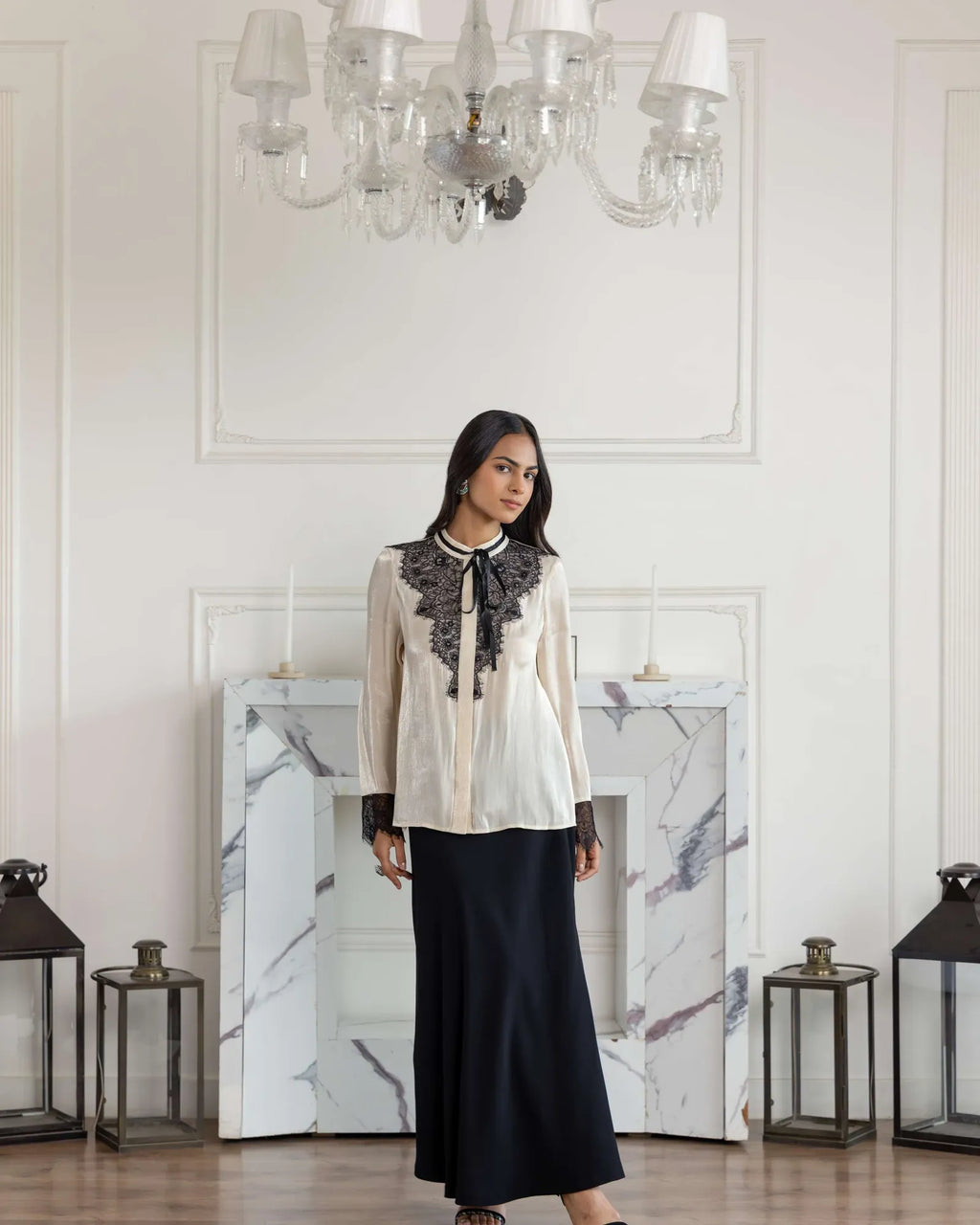 Moonstone Beige Shimmer French Lace Chiffon Top