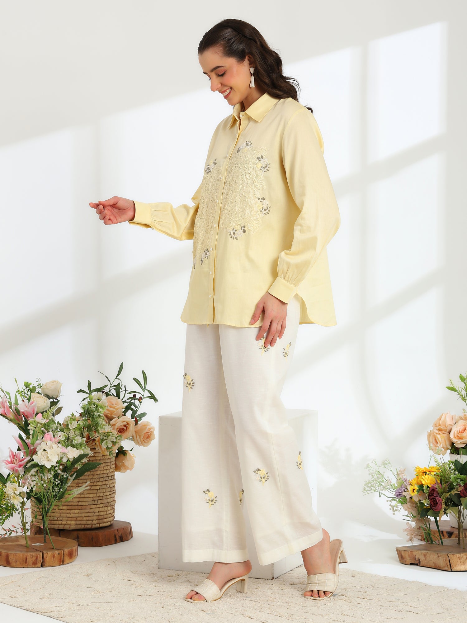 Butter Bloom yellow Hand Embroidered French lace Linen Cotton co-ord set