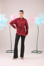 THE MAROON GATHERED TIE UP COTTON SHIRT